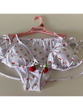 Juicy Couture Cherry Triangle Bikini W/ Crochet Cherries Size XL White Red NEW